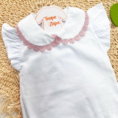 Body gola bordada - branco com grypir rose - Manga Curta